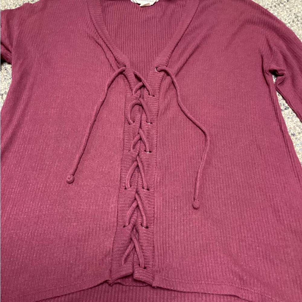 Aeropostale Burgundy Mauve Ribbed Lace-Up V-Neck Long Sleeve Top * Size XS - Picture 2 of 8